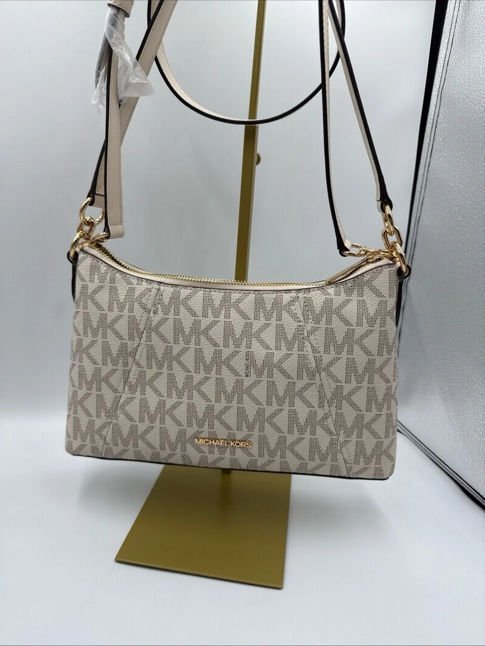 Michael Kors Cream MK Logo Shoulder Bag with Gold Hardware
